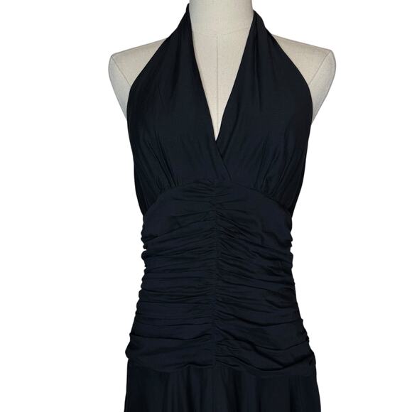 Philip Dicaprio Silk Blend Ruched Halter Drop Waist Black Midi Dress size 8 - Picture 2 of 6